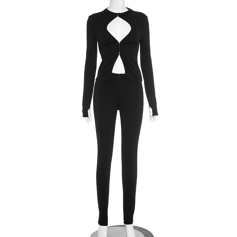 Chic Cutout Zip-Up Two-Piece Pant Set | Holiday & Fall Style