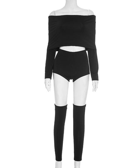 Sleek & Chic Off-Shoulder Long Sleeve Crop Top & Shorts Set with Arm Sleeves – Your Holiday Night Out Essential
