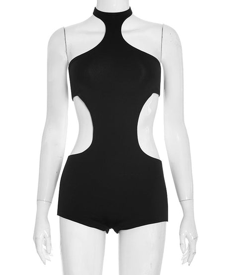 Sleek Black Halter Cut-Out Playsuit – Your Essential for Holiday Parties & Nights Out