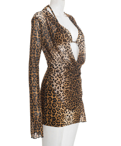 Sultry Leopard Print Mesh Halter Mini Dress | Cowl Neck Long Sleeve Party Style