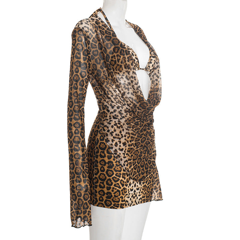 Sultry Leopard Print Mesh Halter Mini Dress | Cowl Neck Long Sleeve Party Style