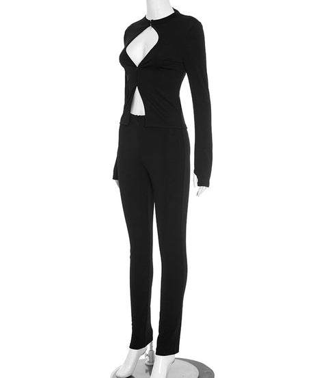 Chic Cutout Zip-Up Two-Piece Pant Set | Holiday & Fall Style