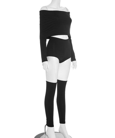 Sleek & Chic Off-Shoulder Long Sleeve Crop Top & Shorts Set with Arm Sleeves – Your Holiday Night Out Essential