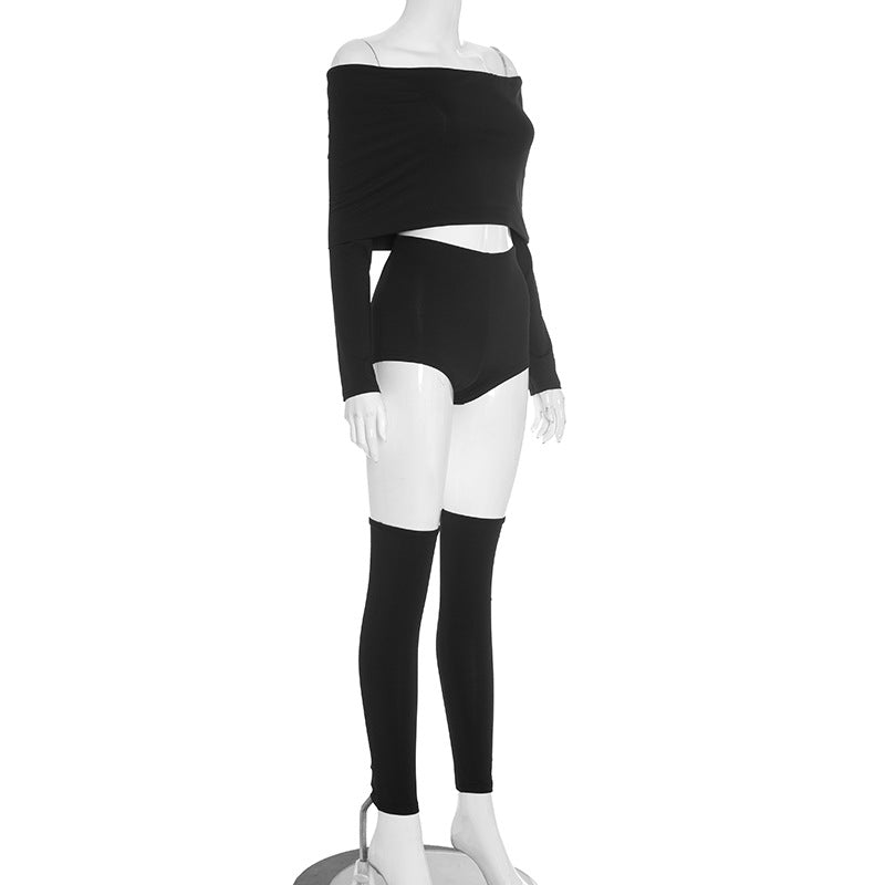 Sleek & Chic Off-Shoulder Long Sleeve Crop Top & Shorts Set with Arm Sleeves – Your Holiday Night Out Essential