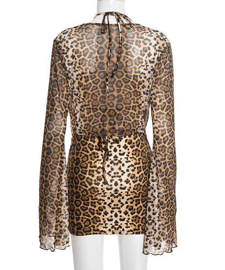 Sultry Leopard Print Mesh Halter Mini Dress | Cowl Neck Long Sleeve Party Style