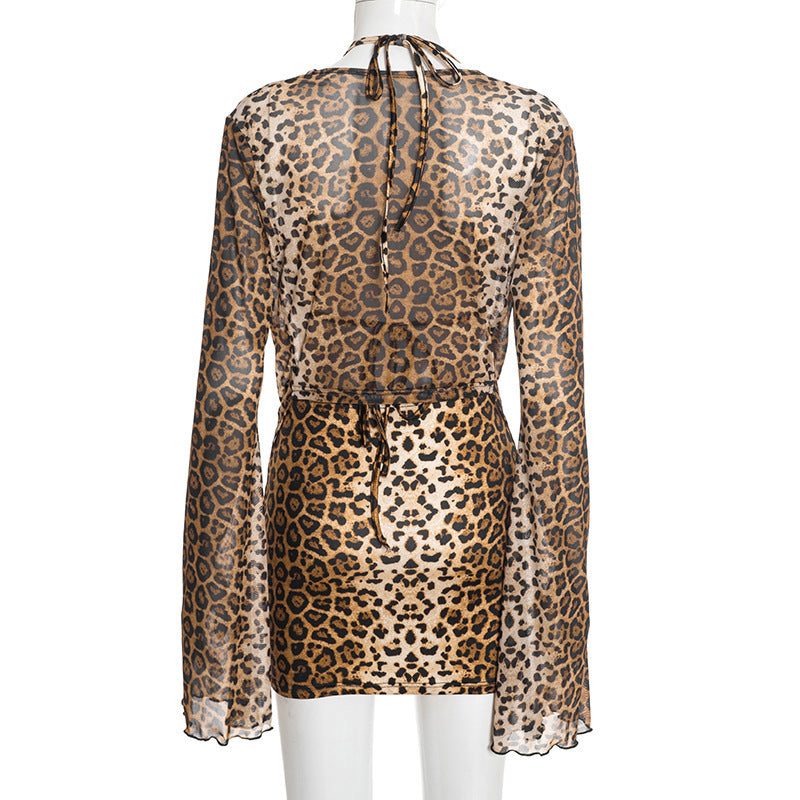 Sultry Leopard Print Mesh Halter Mini Dress | Cowl Neck Long Sleeve Party Style