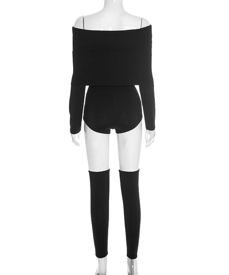 Sleek & Chic Off-Shoulder Long Sleeve Crop Top & Shorts Set with Arm Sleeves – Your Holiday Night Out Essential