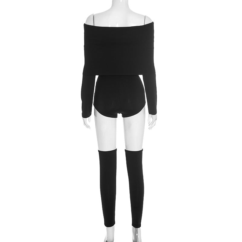 Sleek & Chic Off-Shoulder Long Sleeve Crop Top & Shorts Set with Arm Sleeves – Your Holiday Night Out Essential