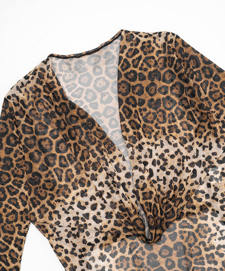 Sultry Leopard Print Mesh Halter Mini Dress | Cowl Neck Long Sleeve Party Style