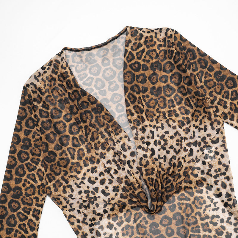 Sultry Leopard Print Mesh Halter Mini Dress | Cowl Neck Long Sleeve Party Style