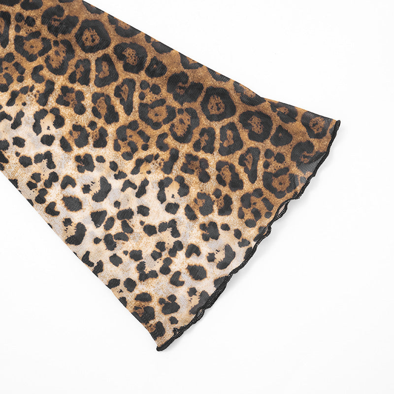 Sultry Leopard Print Mesh Halter Mini Dress | Cowl Neck Long Sleeve Party Style