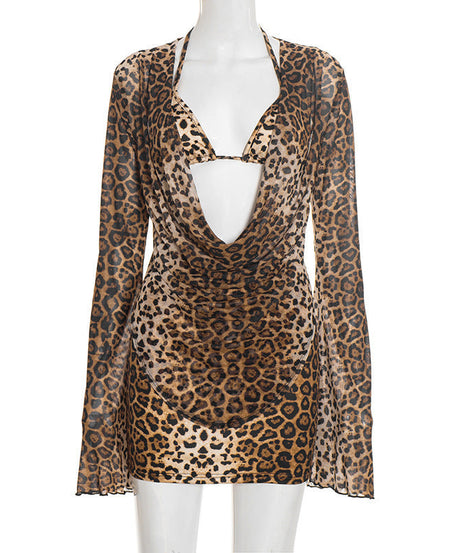 Sultry Leopard Print Mesh Halter Mini Dress | Cowl Neck Long Sleeve Party Style