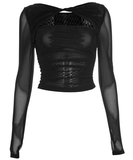 Chic Black Sheer Mesh Long Sleeve Ruched Cutout Top - Your Edgy Pick for Fall & Holiday Parties