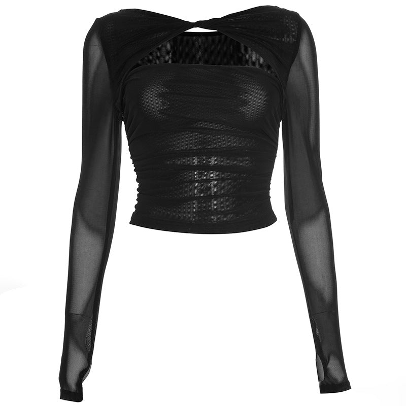 Chic Black Sheer Mesh Long Sleeve Ruched Cutout Top - Your Edgy Pick for Fall & Holiday Parties