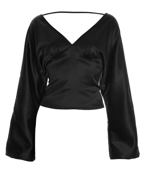 Chic Black Satin V-Neck Blouse | Wide Sleeves & Ruched Bust for Holiday Parties & Fall Glamour