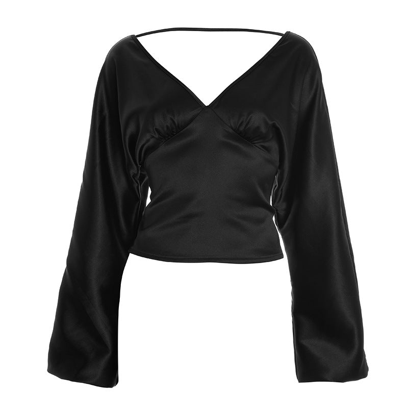 Chic Black Satin V-Neck Blouse | Wide Sleeves & Ruched Bust for Holiday Parties & Fall Glamour