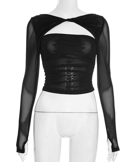 Chic Black Sheer Mesh Long Sleeve Ruched Cutout Top - Your Edgy Pick for Fall & Holiday Parties