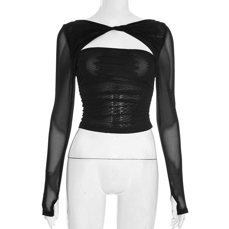 Chic Black Sheer Mesh Long Sleeve Ruched Cutout Top - Your Edgy Pick for Fall & Holiday Parties