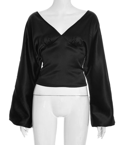 Chic Black Satin V-Neck Blouse | Wide Sleeves & Ruched Bust for Holiday Parties & Fall Glamour