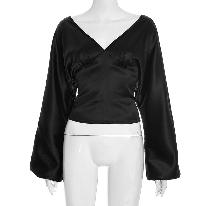 Chic Black Satin V-Neck Blouse | Wide Sleeves & Ruched Bust for Holiday Parties & Fall Glamour