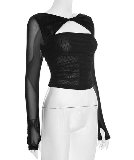 Chic Black Sheer Mesh Long Sleeve Ruched Cutout Top - Your Edgy Pick for Fall & Holiday Parties
