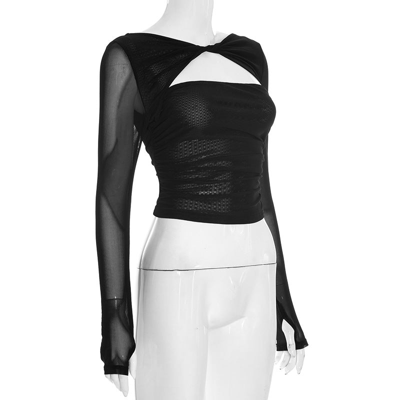 Chic Black Sheer Mesh Long Sleeve Ruched Cutout Top - Your Edgy Pick for Fall & Holiday Parties