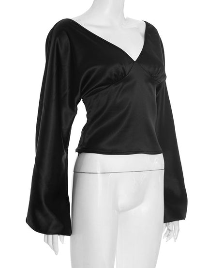 Chic Black Satin V-Neck Blouse | Wide Sleeves & Ruched Bust for Holiday Parties & Fall Glamour