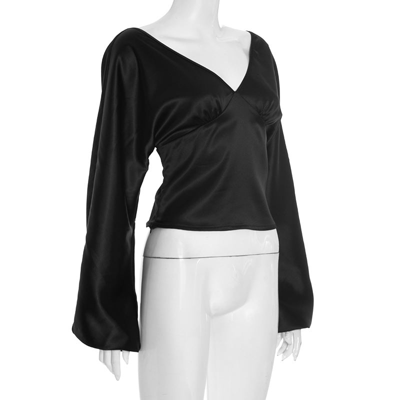 Chic Black Satin V-Neck Blouse | Wide Sleeves & Ruched Bust for Holiday Parties & Fall Glamour
