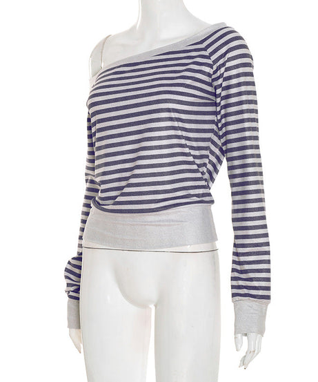 Effortless Sparkle: Shimmer Stripe Off-Shoulder Long Sleeve Top for Fall & Holiday Style