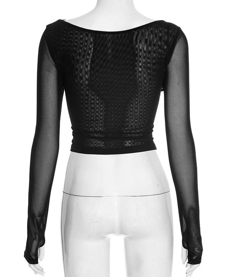 Chic Black Sheer Mesh Long Sleeve Ruched Cutout Top - Your Edgy Pick for Fall & Holiday Parties