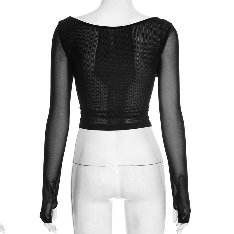 Chic Black Sheer Mesh Long Sleeve Ruched Cutout Top - Your Edgy Pick for Fall & Holiday Parties