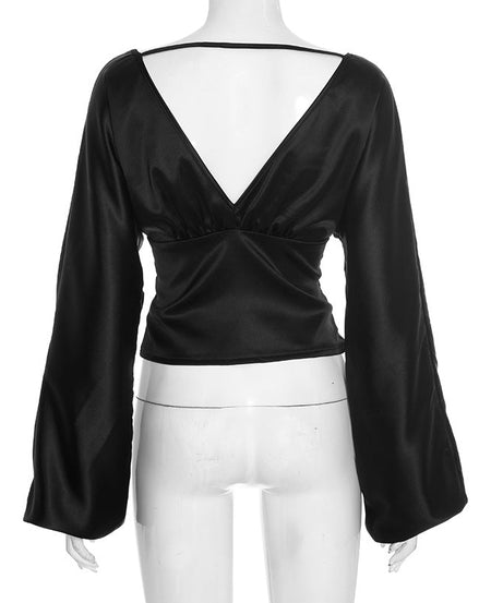 Chic Black Satin V-Neck Blouse | Wide Sleeves & Ruched Bust for Holiday Parties & Fall Glamour