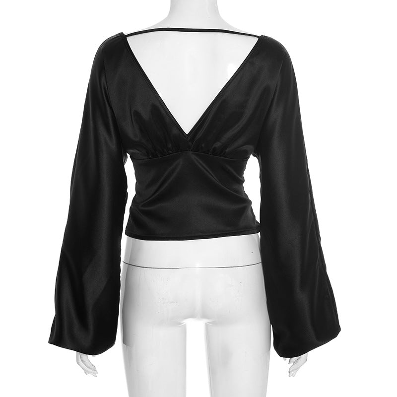 Chic Black Satin V-Neck Blouse | Wide Sleeves & Ruched Bust for Holiday Parties & Fall Glamour
