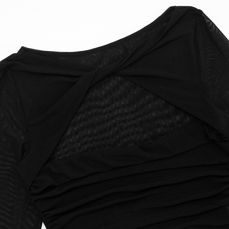 Chic Black Sheer Mesh Long Sleeve Ruched Cutout Top - Your Edgy Pick for Fall & Holiday Parties