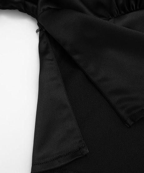 Chic Black Satin V-Neck Blouse | Wide Sleeves & Ruched Bust for Holiday Parties & Fall Glamour