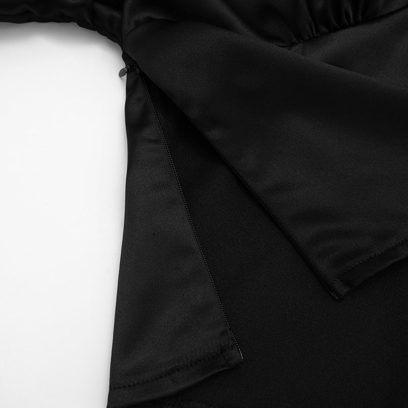 Chic Black Satin V-Neck Blouse | Wide Sleeves & Ruched Bust for Holiday Parties & Fall Glamour