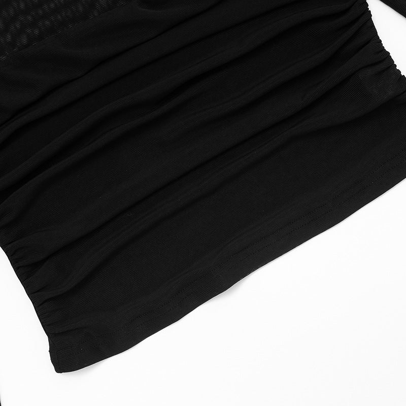 Chic Black Sheer Mesh Long Sleeve Ruched Cutout Top - Your Edgy Pick for Fall & Holiday Parties