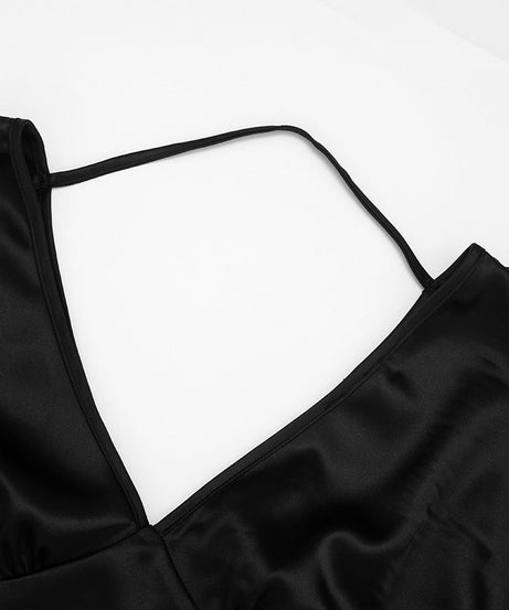 Chic Black Satin V-Neck Blouse | Wide Sleeves & Ruched Bust for Holiday Parties & Fall Glamour