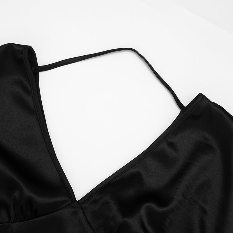 Chic Black Satin V-Neck Blouse | Wide Sleeves & Ruched Bust for Holiday Parties & Fall Glamour