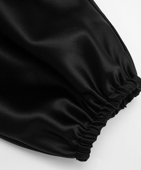 Chic Black Satin V-Neck Blouse | Wide Sleeves & Ruched Bust for Holiday Parties & Fall Glamour