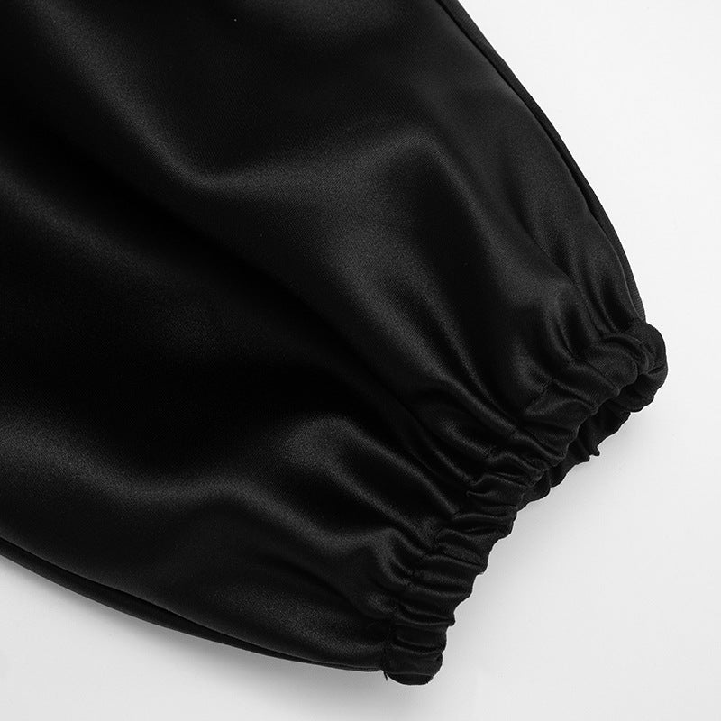 Chic Black Satin V-Neck Blouse | Wide Sleeves & Ruched Bust for Holiday Parties & Fall Glamour