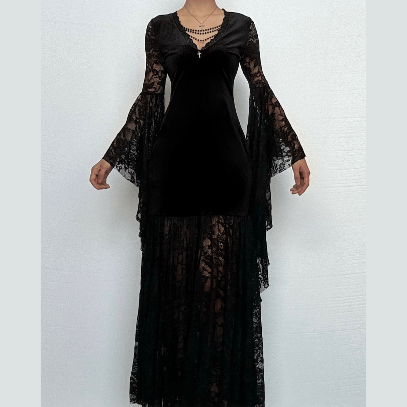 Bewitching Black Velvet & Lace Maxi Dress - Elegant Bell Sleeve Gown for Halloween & Fall Soirees