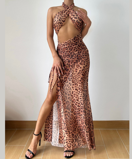 Unleash Your Wild Side: Daring Leopard Print Halter Cut-Out Maxi Dress - Perfect for Fall Parties & Holiday Getaways