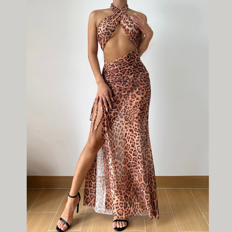 Unleash Your Wild Side: Daring Leopard Print Halter Cut-Out Maxi Dress - Perfect for Fall Parties & Holiday Getaways