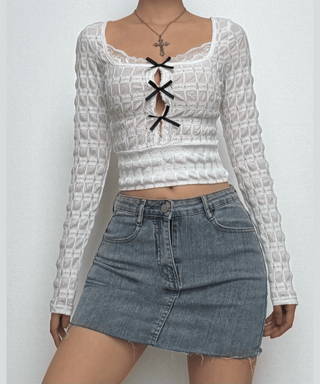 Edgy Fall Textured Crop Top | Square Neck Bow Cut-Out Long Sleeve