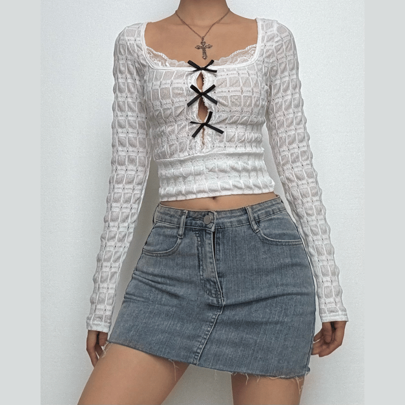 Edgy Fall Textured Crop Top | Square Neck Bow Cut-Out Long Sleeve