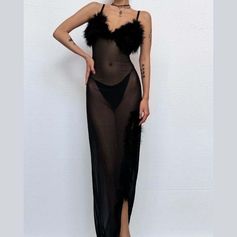 Sultry Feather Trim Sheer Mesh Maxi Dress - Halloween, Holiday & NYE Party Glam