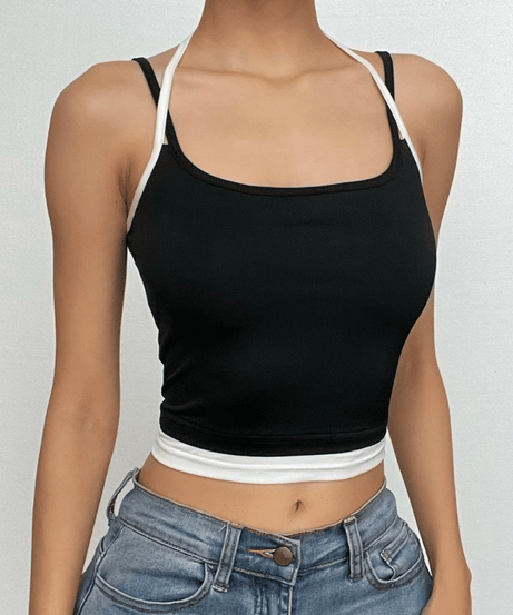 Chic Black & White Contrast Halter Crop Top – Essential Fall Style