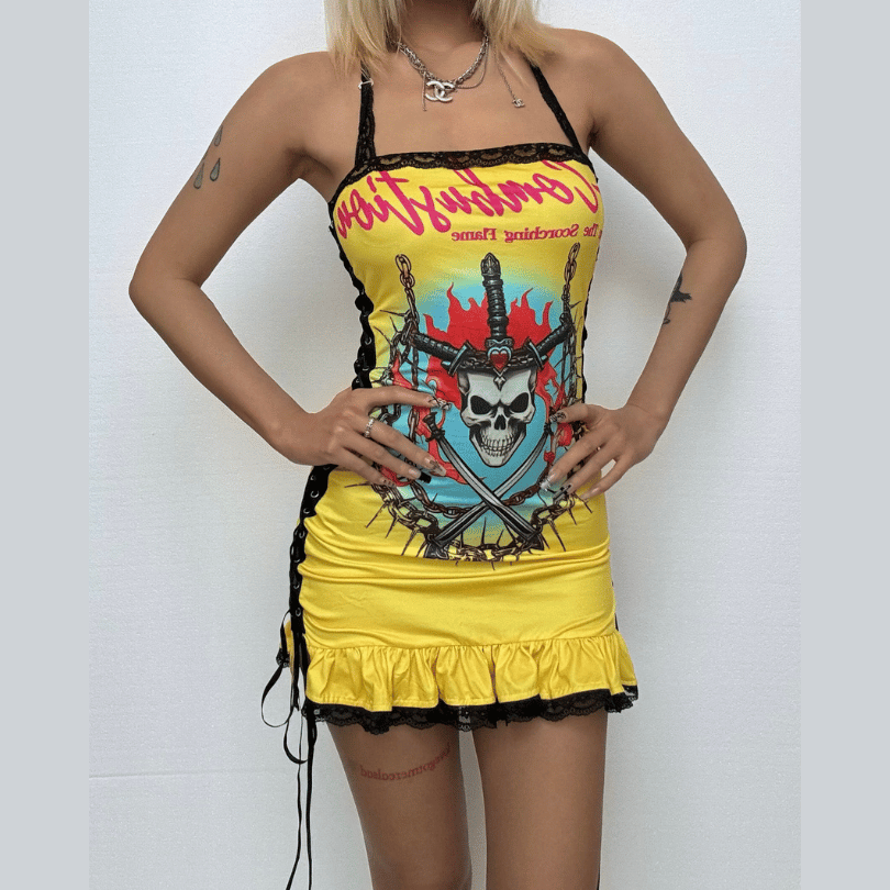 Edgy Y2K Skull & Flame Halter Mini Dress - Halloween Party Ready!