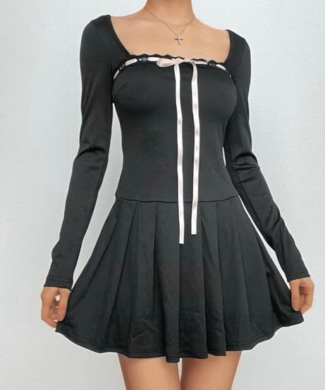 Chic Fall Coquette Black Pleated Mini Dress | Square Neck Long Sleeve & Ribbon Detail